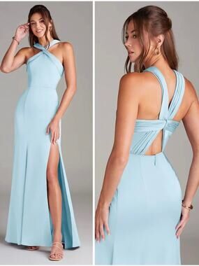 AZAZIE Rue Mermaid Pleated Stretch Satin Dress Halter Maxi Cut Out Bridesmaid